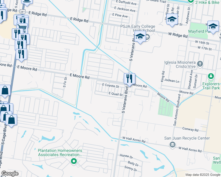 map of restaurants, bars, coffee shops, grocery stores, and more near 1803 South Juniper Street in Pharr