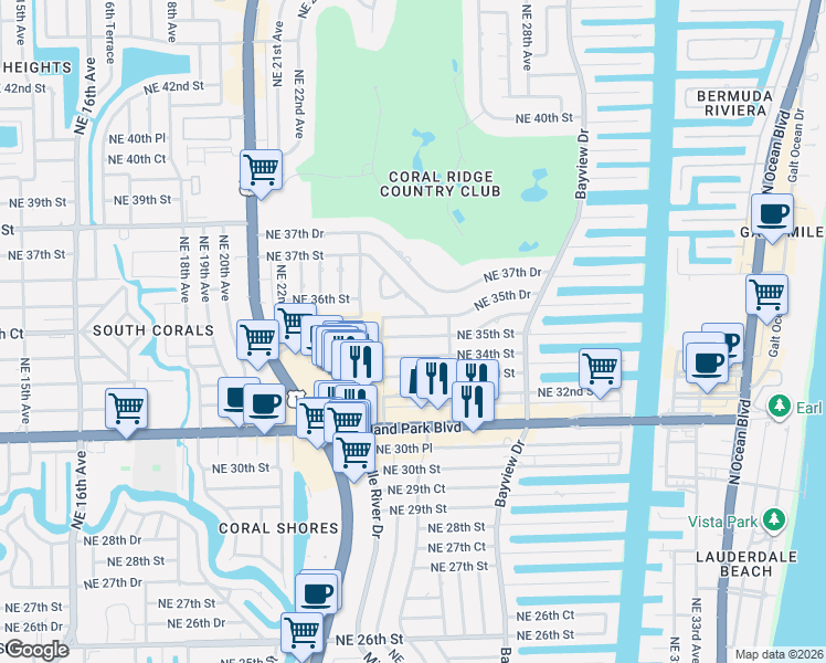 map of restaurants, bars, coffee shops, grocery stores, and more near 2617 Northeast 35th Street in Fort Lauderdale
