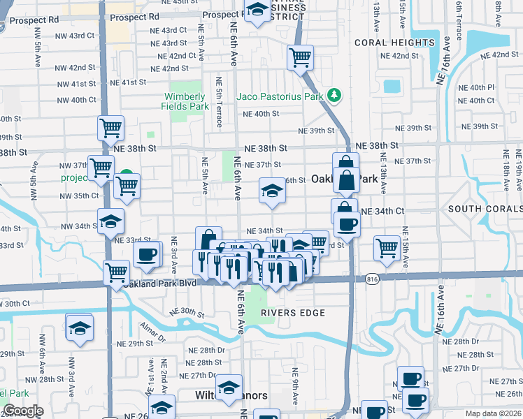 map of restaurants, bars, coffee shops, grocery stores, and more near 699 Northeast 34th Court in Oakland Park