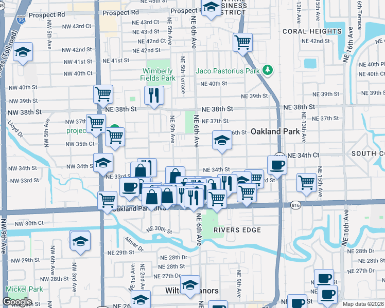 map of restaurants, bars, coffee shops, grocery stores, and more near 581 Northeast 34th Court in Oakland Park