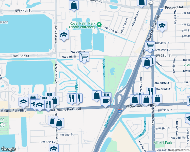 map of restaurants, bars, coffee shops, grocery stores, and more near 116 Royal Park Drive in Oakland Park
