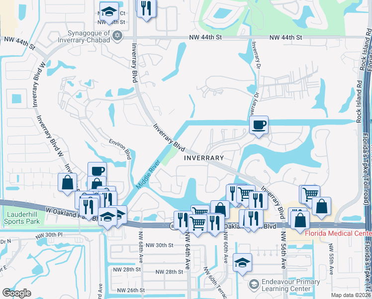 map of restaurants, bars, coffee shops, grocery stores, and more near 3772 Inverrary Boulevard in Lauderhill