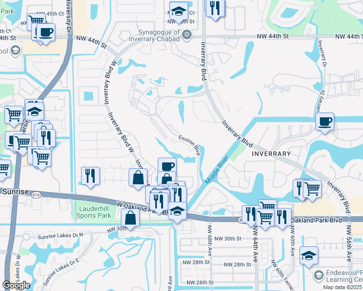 map of restaurants, bars, coffee shops, grocery stores, and more near 3591 Environ Boulevard in Lauderhill