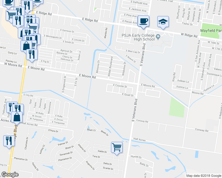 map of restaurants, bars, coffee shops, grocery stores, and more near 1804 South Ironwood Street in Pharr