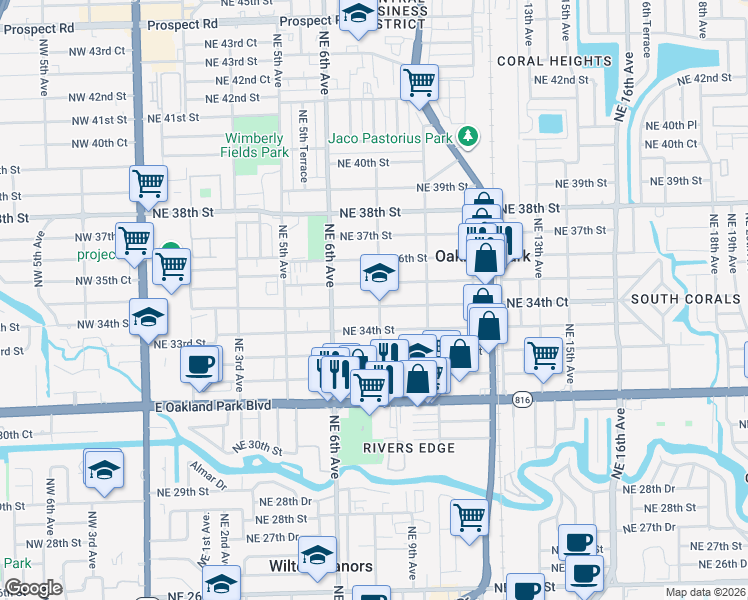 map of restaurants, bars, coffee shops, grocery stores, and more near 799 Northeast 34th Court in Oakland Park