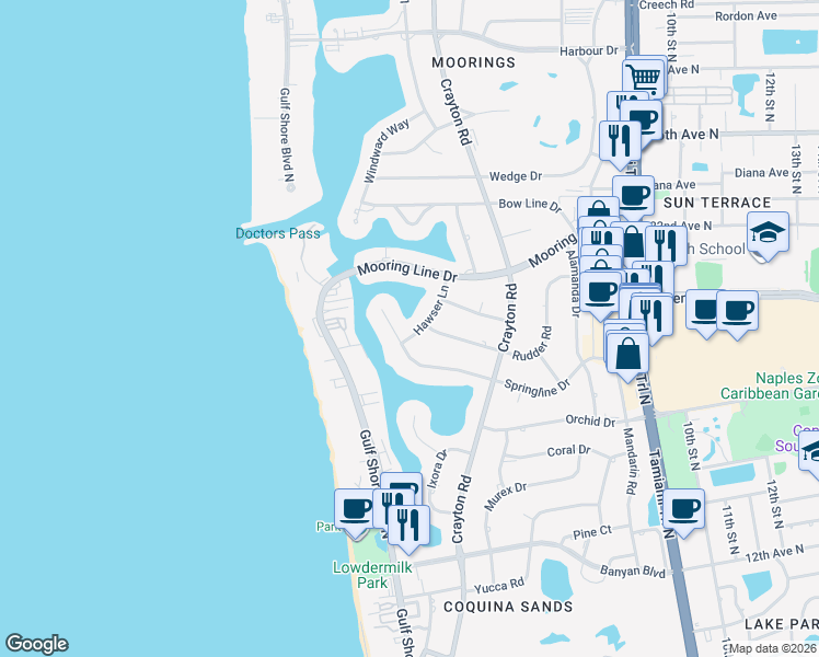 map of restaurants, bars, coffee shops, grocery stores, and more near 275 Springline Drive in Naples