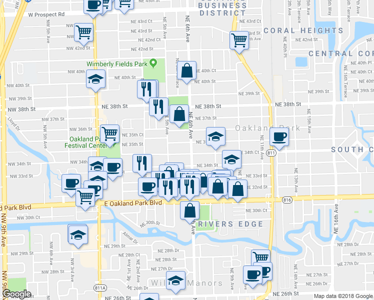 map of restaurants, bars, coffee shops, grocery stores, and more near 581 Northeast 34th Court in Oakland Park