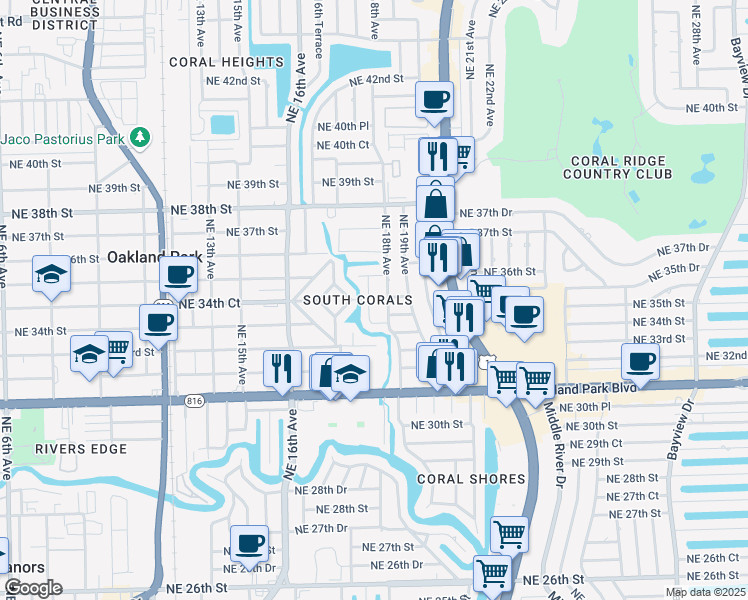 map of restaurants, bars, coffee shops, grocery stores, and more near 3440 Northeast 17th Terrace in Oakland Park
