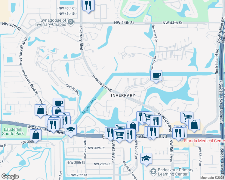 map of restaurants, bars, coffee shops, grocery stores, and more near 3772 Inverrary Boulevard in Lauderhill