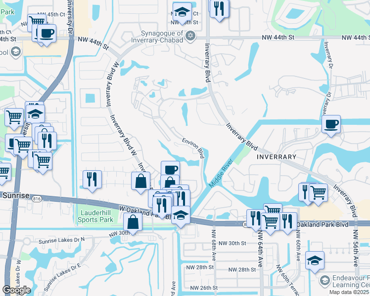 map of restaurants, bars, coffee shops, grocery stores, and more near 3591 Environ Boulevard in Lauderhill