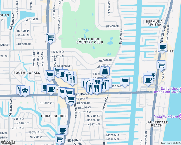 map of restaurants, bars, coffee shops, grocery stores, and more near 2657 Northeast 35th Street in Fort Lauderdale