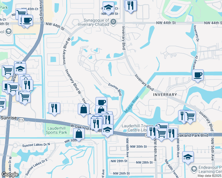 map of restaurants, bars, coffee shops, grocery stores, and more near 3521 Environ Boulevard in Lauderhill