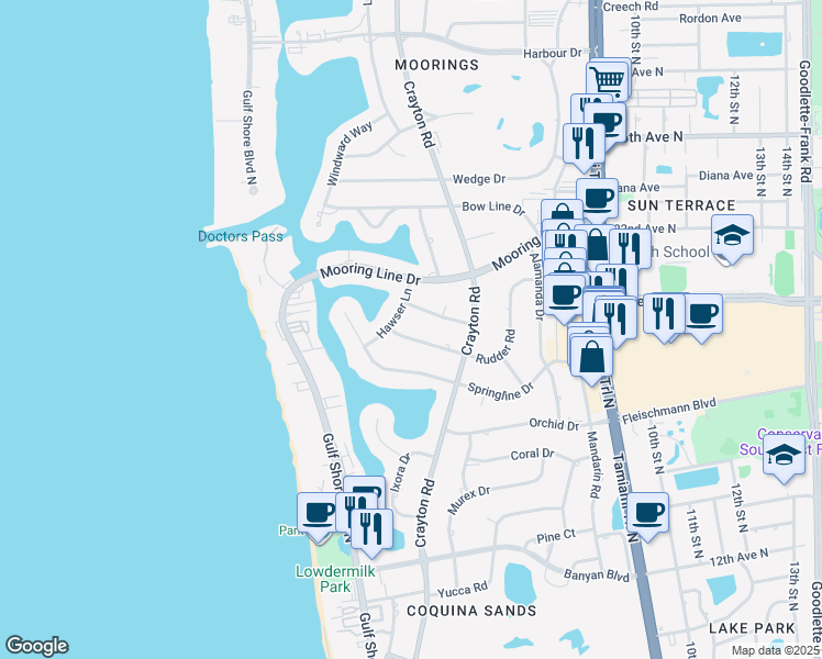 map of restaurants, bars, coffee shops, grocery stores, and more near 405 Rudder Road in Naples