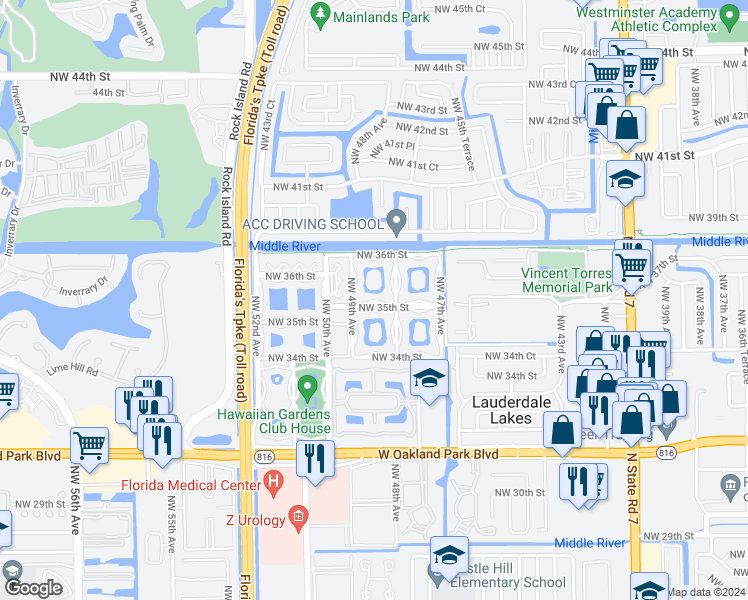 map of restaurants, bars, coffee shops, grocery stores, and more near 4805 Northwest 35th Street in Lauderdale Lakes