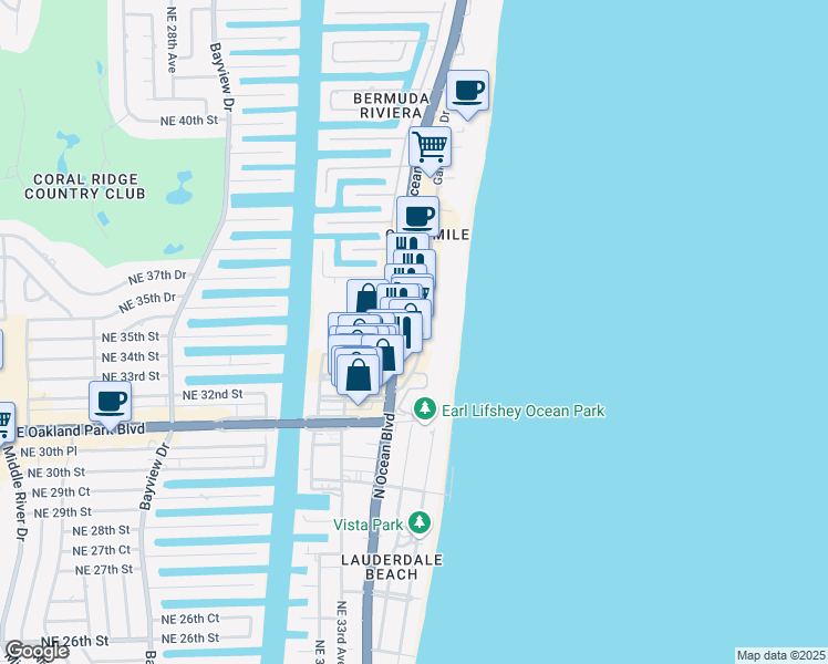 map of restaurants, bars, coffee shops, grocery stores, and more near 3414 Florida A1A in Fort Lauderdale