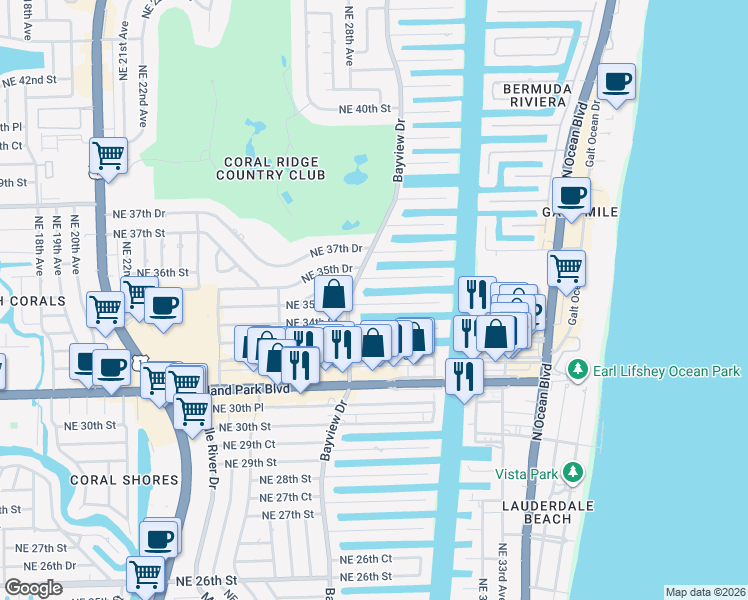 map of restaurants, bars, coffee shops, grocery stores, and more near 2824 Northeast 35th Street in Fort Lauderdale