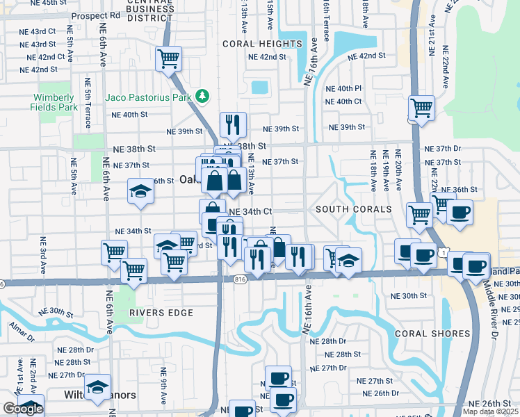 map of restaurants, bars, coffee shops, grocery stores, and more near 1498 Northeast 34th Court in Oakland Park