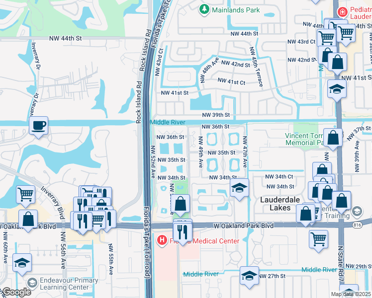 map of restaurants, bars, coffee shops, grocery stores, and more near 5003 Northwest 35th Street in Lauderdale Lakes