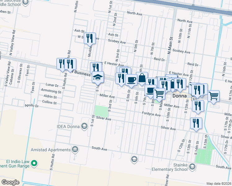 map of restaurants, bars, coffee shops, grocery stores, and more near 118 South 3rd Street in Donna