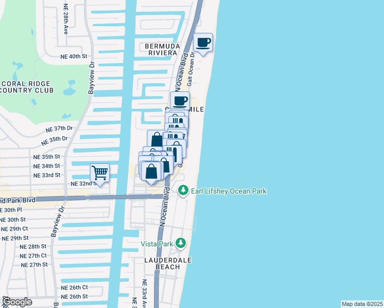 map of restaurants, bars, coffee shops, grocery stores, and more near 3430 Galt Ocean Drive in Fort Lauderdale