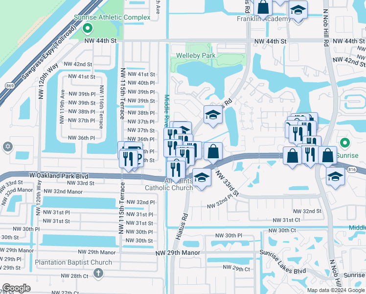 map of restaurants, bars, coffee shops, grocery stores, and more near 3495 Hiatus Road in Sunrise