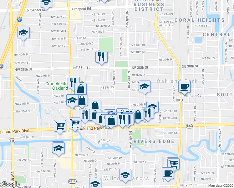 map of restaurants, bars, coffee shops, grocery stores, and more near 499 Northeast 34th Court in Oakland Park