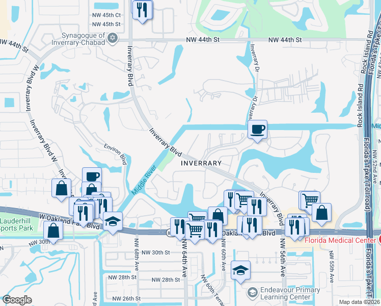 map of restaurants, bars, coffee shops, grocery stores, and more near 3772 Inverrary Boulevard in Lauderhill