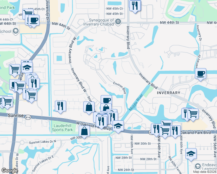map of restaurants, bars, coffee shops, grocery stores, and more near 3591 Environ Boulevard in Lauderhill