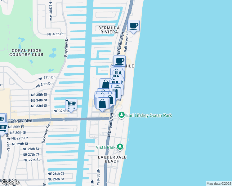 map of restaurants, bars, coffee shops, grocery stores, and more near 3414 Florida A1A in Fort Lauderdale