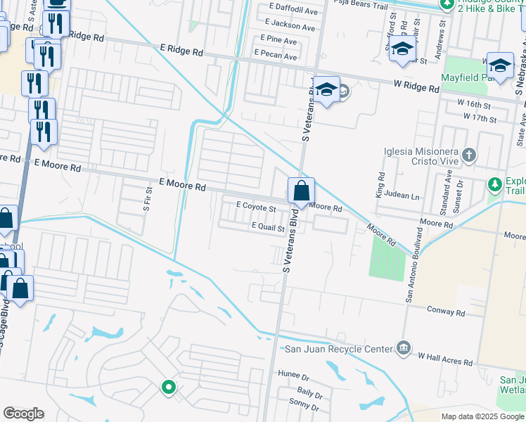 map of restaurants, bars, coffee shops, grocery stores, and more near 1803 South Juniper Street in Pharr