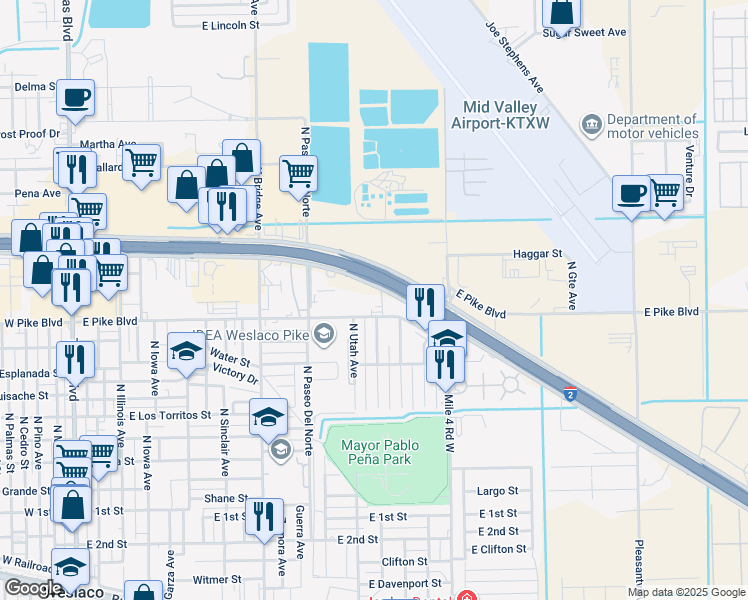 map of restaurants, bars, coffee shops, grocery stores, and more near 1400 East Expressway 83 in Weslaco