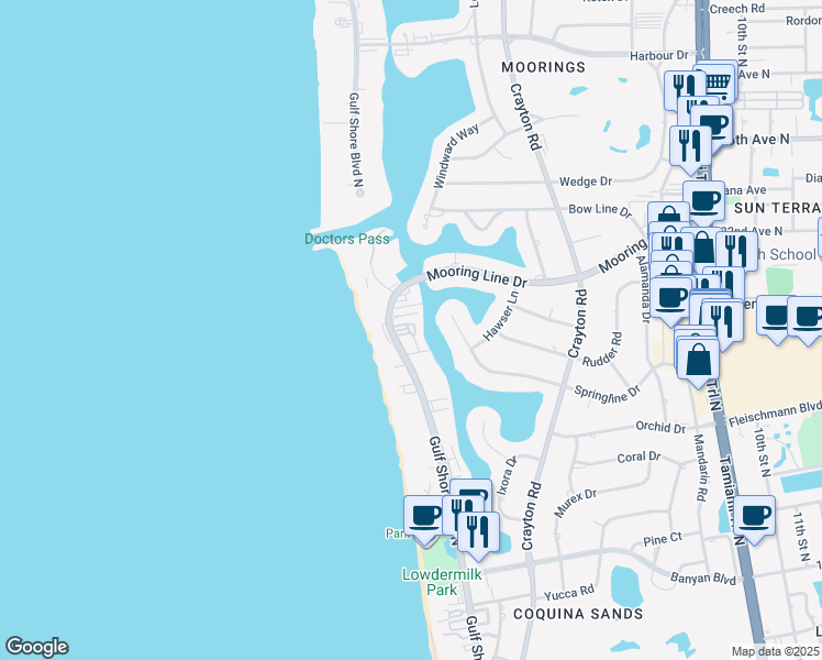 map of restaurants, bars, coffee shops, grocery stores, and more near 2082 Gulf Shore Boulevard North in Naples
