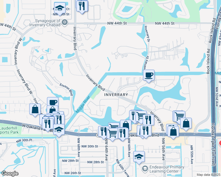 map of restaurants, bars, coffee shops, grocery stores, and more near 3772 Inverrary Boulevard in Lauderhill
