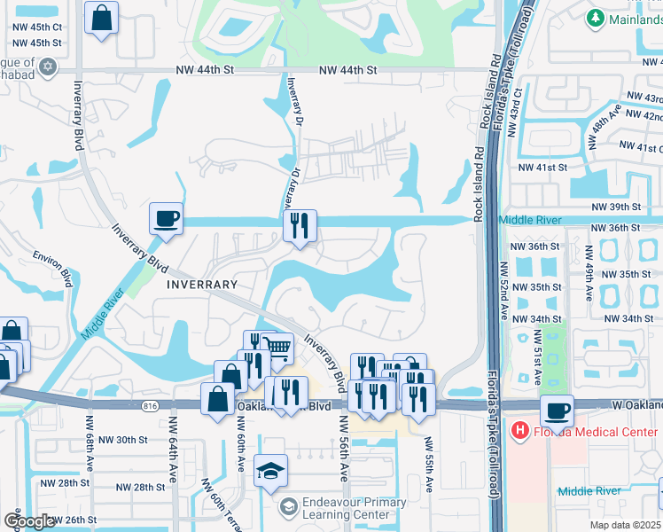 map of restaurants, bars, coffee shops, grocery stores, and more near 3710 Inverrary Drive in Lauderhill