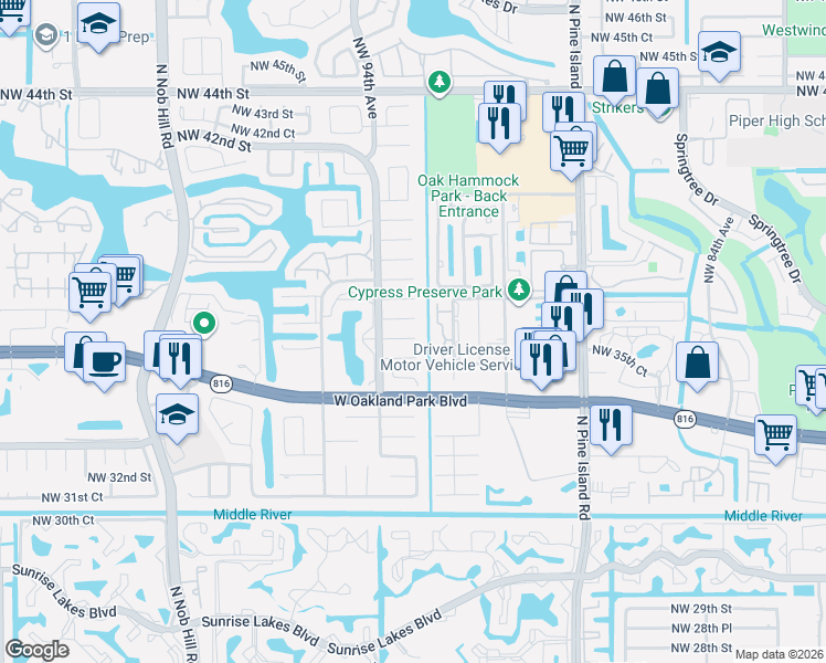 map of restaurants, bars, coffee shops, grocery stores, and more near 9321 Northwest 35th Manor in Sunrise