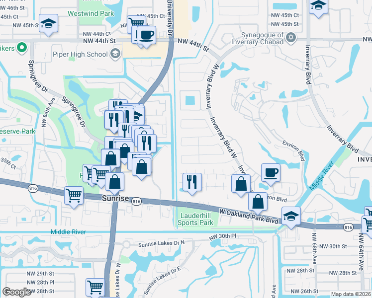map of restaurants, bars, coffee shops, grocery stores, and more near 7470 Northwest 36th Street in Lauderhill