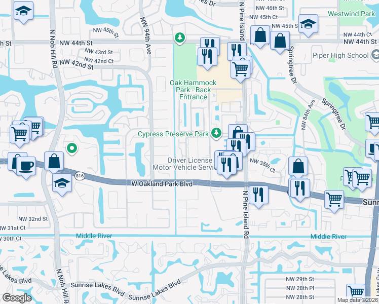 map of restaurants, bars, coffee shops, grocery stores, and more near 3688 Northwest 91st Lane in Sunrise