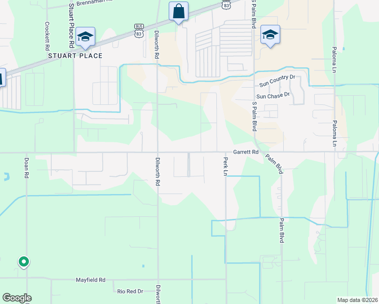 map of restaurants, bars, coffee shops, grocery stores, and more near 17122 Garrett Road in Harlingen