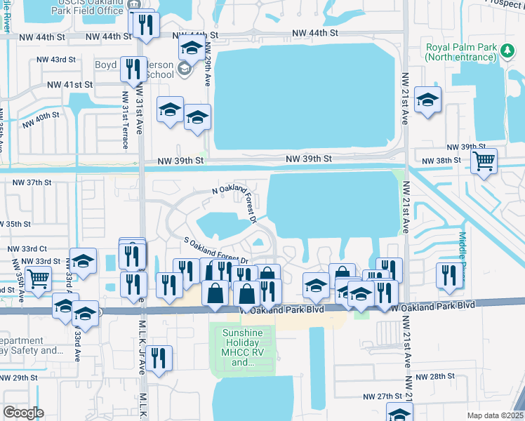 map of restaurants, bars, coffee shops, grocery stores, and more near 2803 North Oakland Forest Drive in Oakland Park