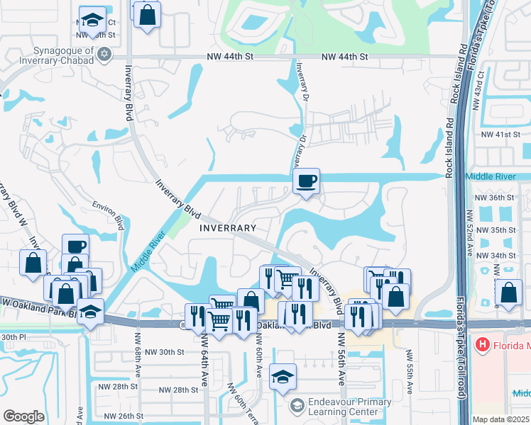 map of restaurants, bars, coffee shops, grocery stores, and more near 3680 Inverrary Drive in Lauderhill