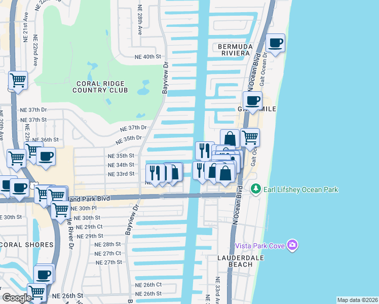 map of restaurants, bars, coffee shops, grocery stores, and more near 2910 Northeast 35th Street in Fort Lauderdale