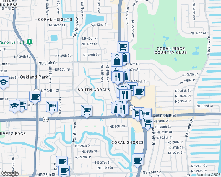 map of restaurants, bars, coffee shops, grocery stores, and more near 3418 Northeast 19th Avenue in Oakland Park