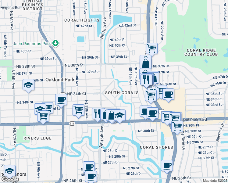 map of restaurants, bars, coffee shops, grocery stores, and more near 3435 Northeast 17th Way in Oakland Park
