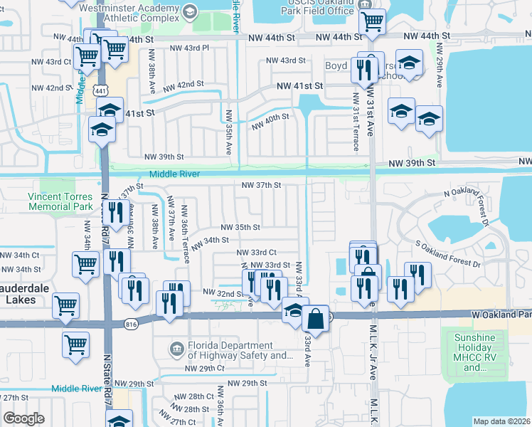 map of restaurants, bars, coffee shops, grocery stores, and more near 3520 Northwest 34th Avenue in Lauderdale Lakes
