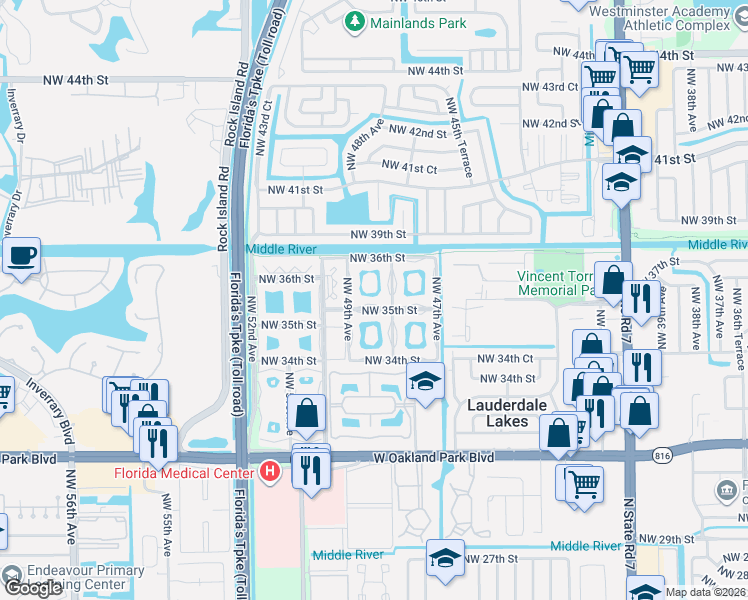 map of restaurants, bars, coffee shops, grocery stores, and more near 4805 Northwest 35th Street in Lauderdale Lakes
