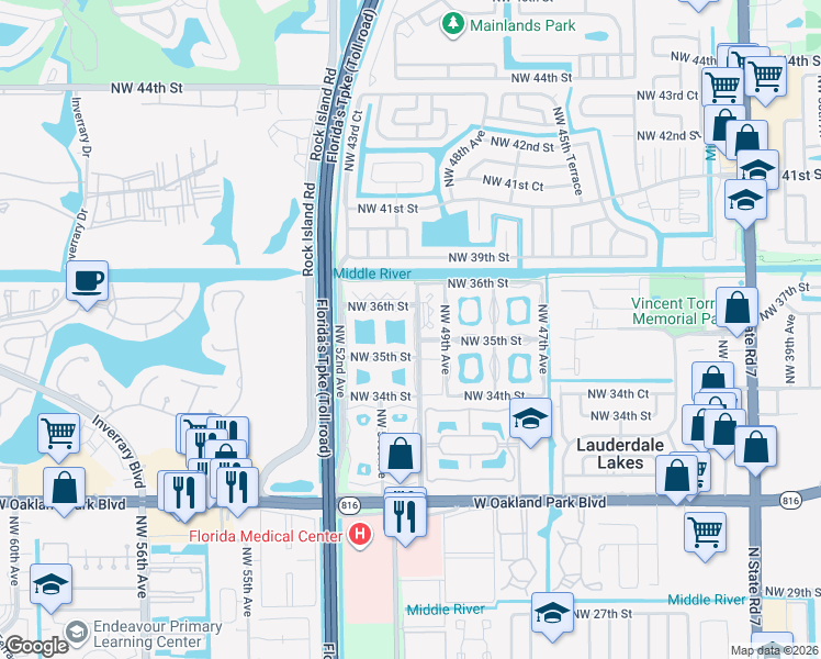 map of restaurants, bars, coffee shops, grocery stores, and more near 5003 Northwest 35th Street in Lauderdale Lakes