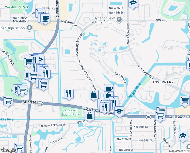 map of restaurants, bars, coffee shops, grocery stores, and more near 3531 Inverrary Boulevard West in Lauderhill