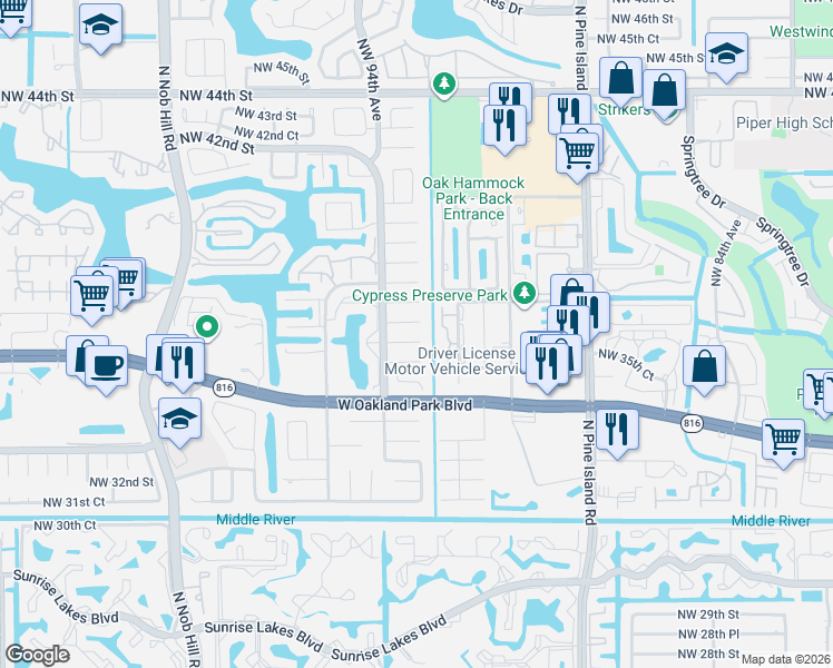map of restaurants, bars, coffee shops, grocery stores, and more near 9300 Northwest 35th Manor in Sunrise
