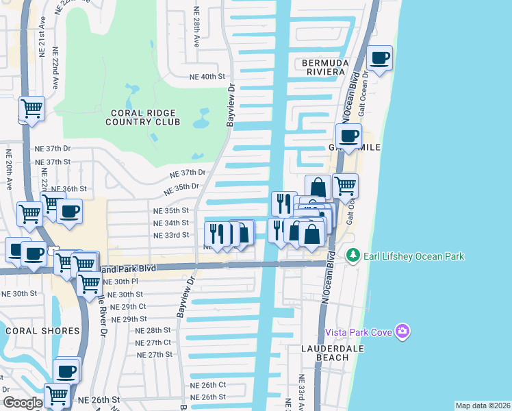 map of restaurants, bars, coffee shops, grocery stores, and more near 2910 Northeast 35th Street in Fort Lauderdale