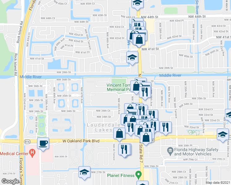 map of restaurants, bars, coffee shops, grocery stores, and more near 4361 Northwest 36th Street in Fort Lauderdale